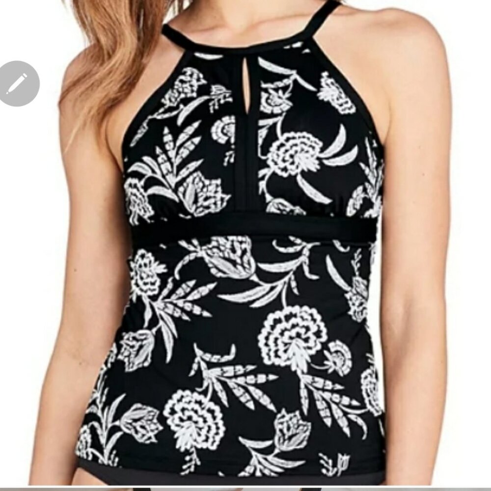 Lands End Black and White Floral Tankini Swimsuit Top